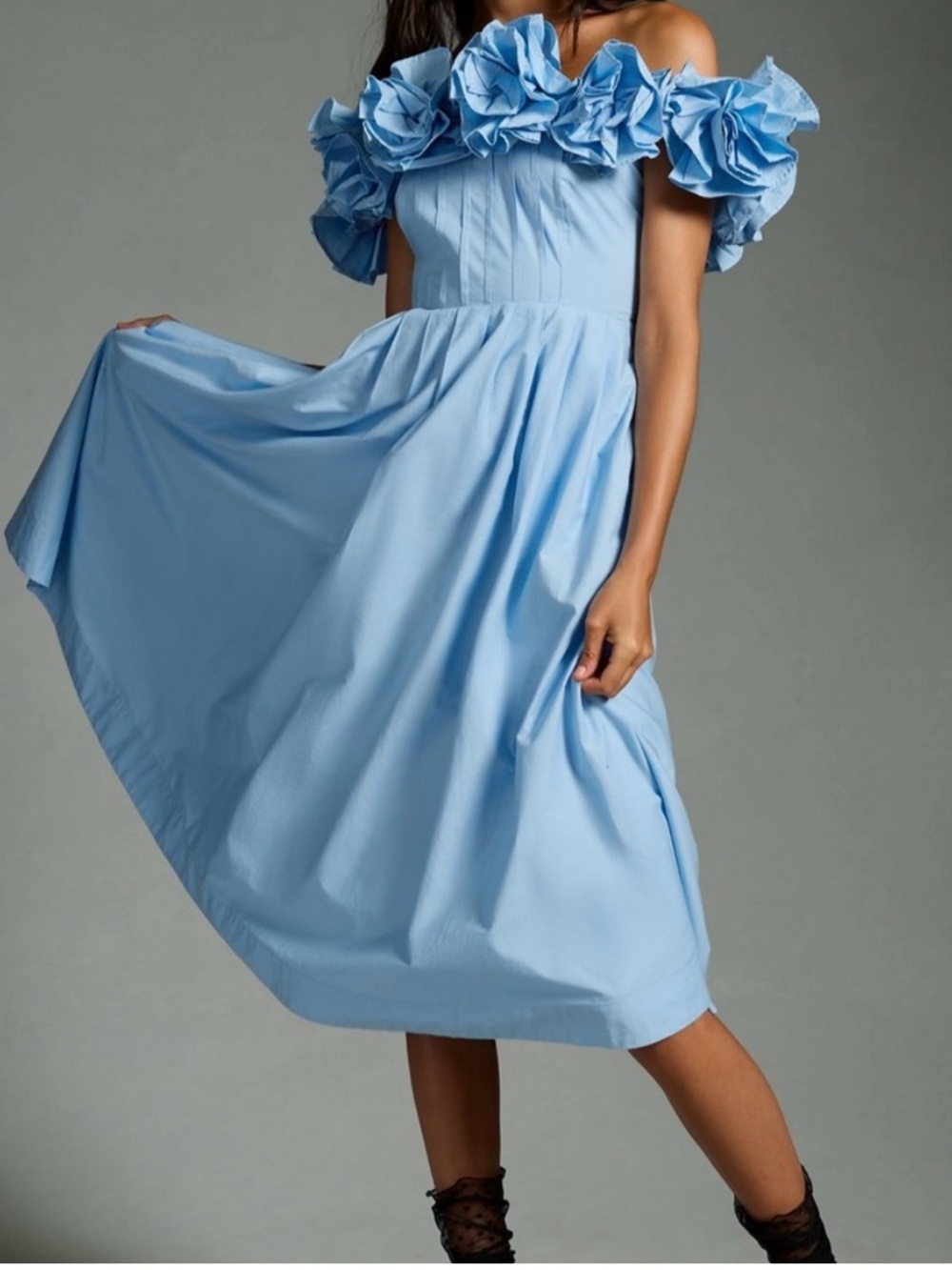 Maeve Sky Blue Off-Shoulder Ruffle Midi Dress